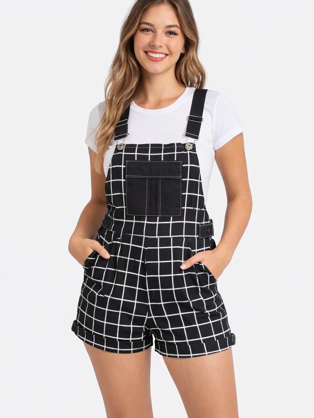Hot Topic Black & White Grid Print Shortalls Overalls Size M